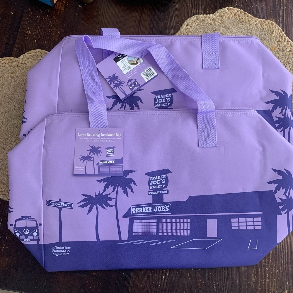 NWT 2026 TRADER JOE'S 2 Large Canvas Tote Bag Navy Blue 2 Purple Insulated Bags